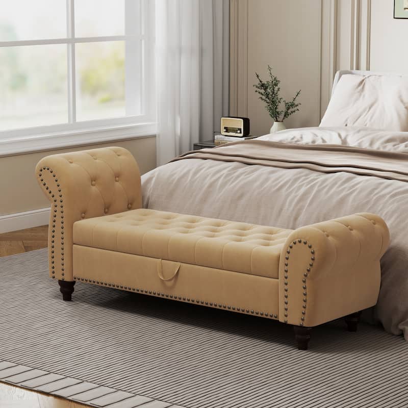 64.5" Bench for Bed Room Nails Tufted Chaise of Lounge with Storage Velvet Upholstery Khaki - khaki