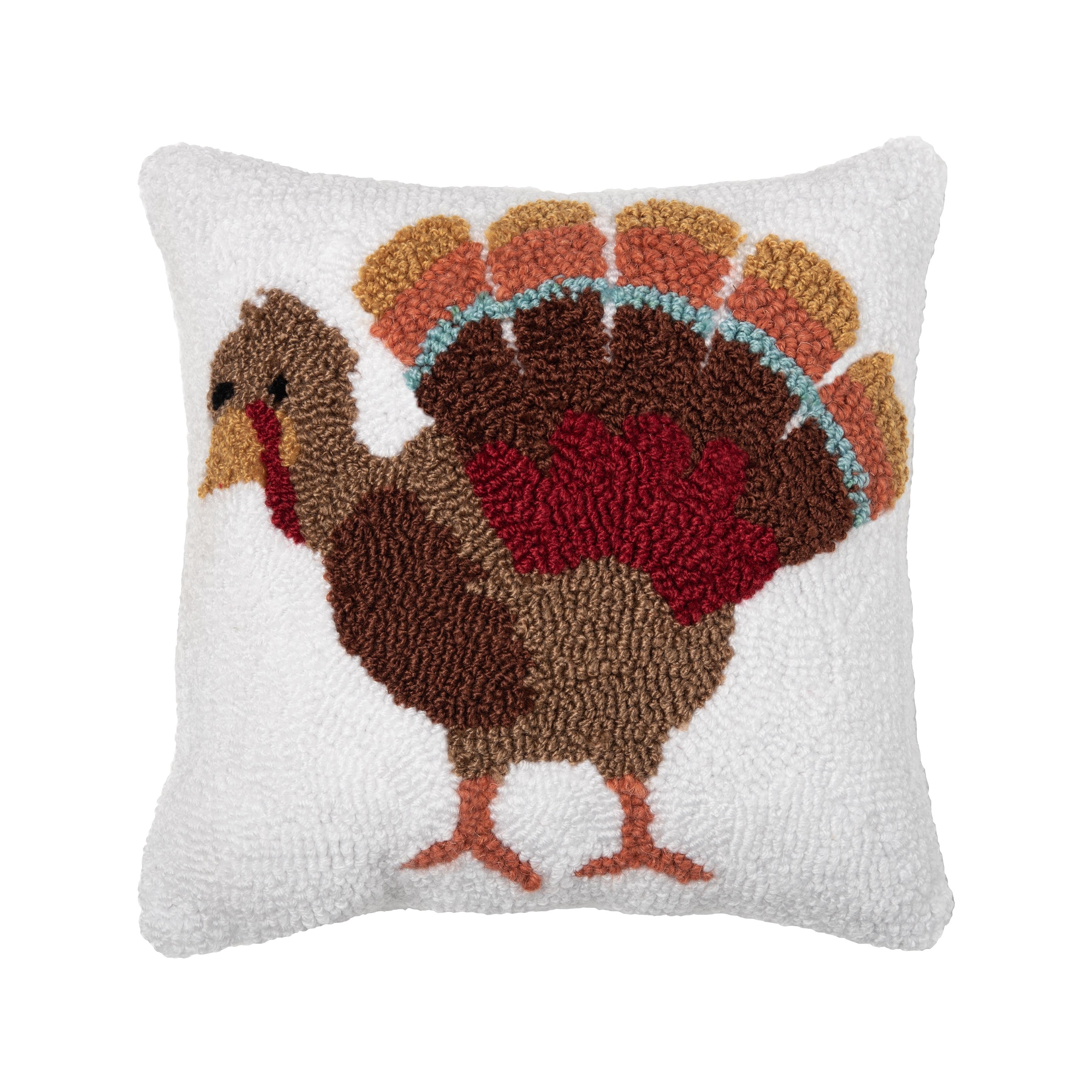 12" x 12" Small Turkey Feathers Design Accent Hooked Thanksgiving Throw Pillow