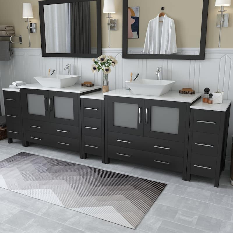 Vanity Art 108" Double Sink Bathroom Vanity Set with Engineered Marble Top and Free Mirrors