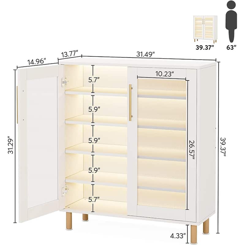 5-Tier Wood Shoe Rack with Acrylic Doors and LED Light for Entryway