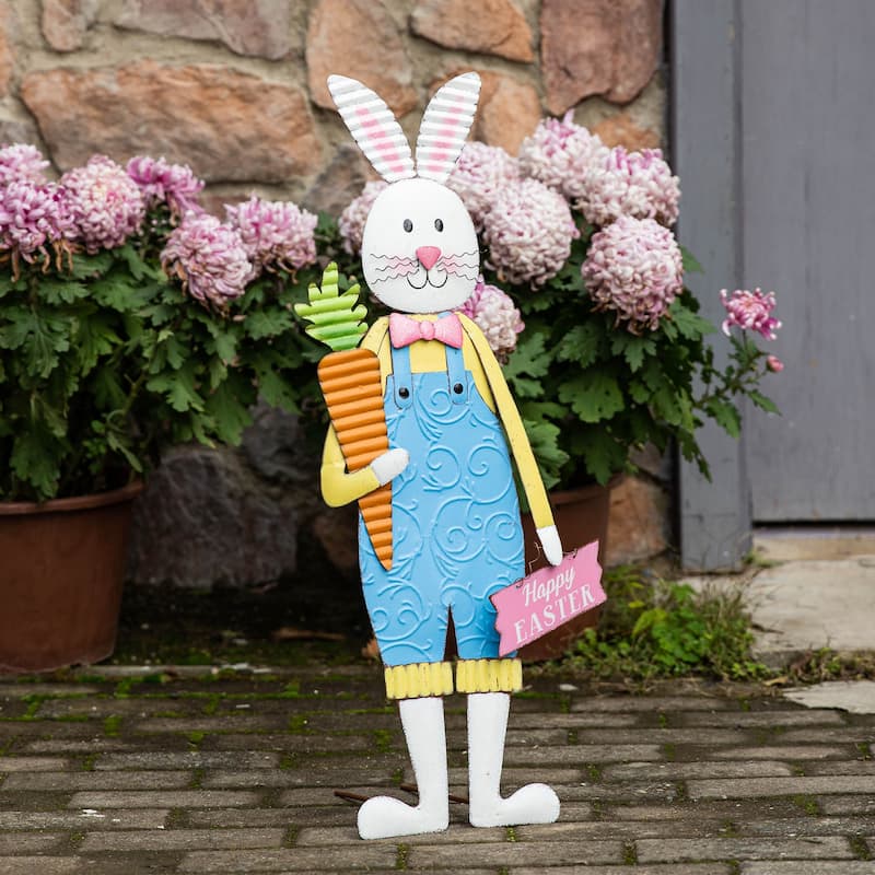 Glitzhome 36"H Set of 2 Metal Easter Bunny Girl & Boy Yard Stakes Porch Sign Wall Decor