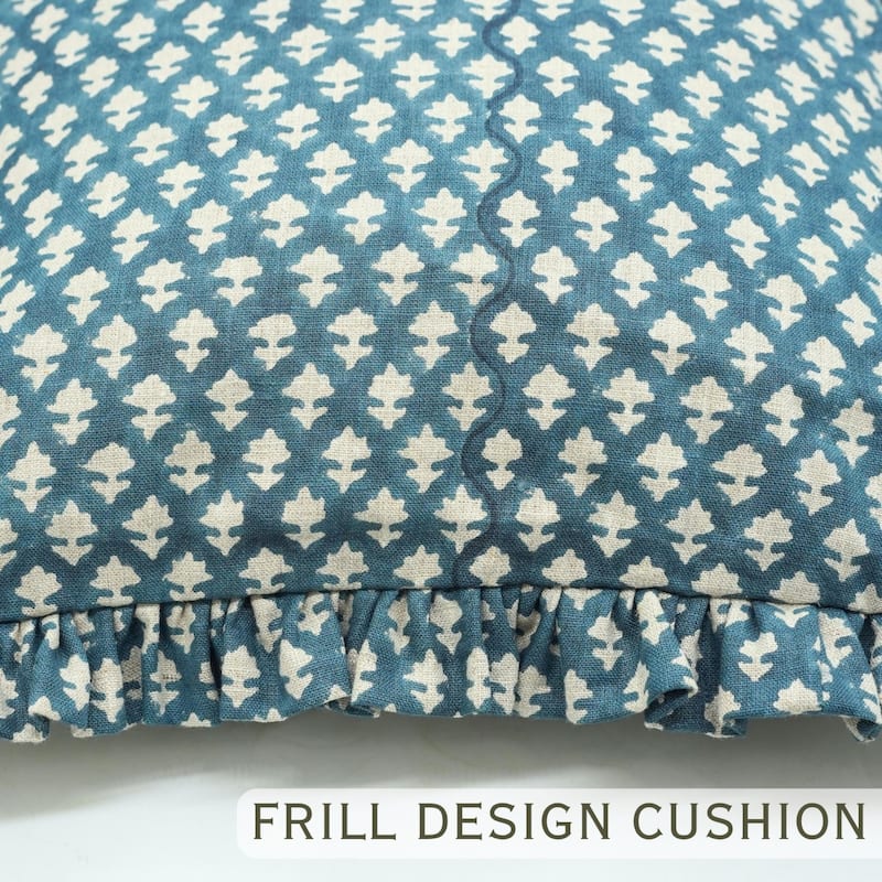 Fabdivine Handmade Block Print Floral Frill Both Side Soft Boho Pure Linen Pillow Cover