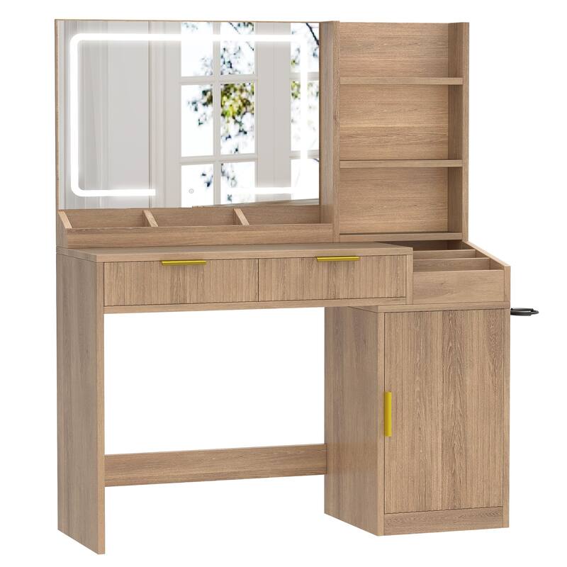 Moasis Makeup Vanity Desk with Power Outlet and 2 Drawers&3 Color Lighting Modes