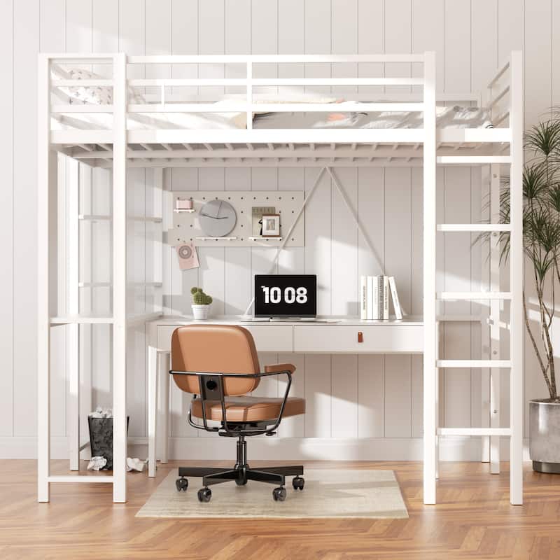 Futzca High Loft Bed Frame with Desk, Twin/Full Size Bunk Bed - Full - White