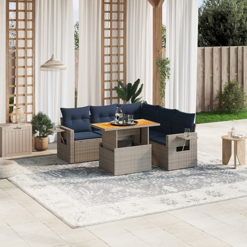 vidaXL Patio Sofa Set with Cushions Outdoor Furniture 6 Piece Poly Rattan - 24.4 x 24.4 x 27.2 - Grey and Navy Blue-2 middle+corner+2 Sofa+Table