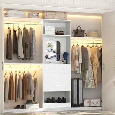 60'' - 96'' Closet System (Can Be Cut To Fit),Walk in Closet Organizer with 25" Tower & 3 Hanging Rods & 3 Shelves & 4 Drawers
