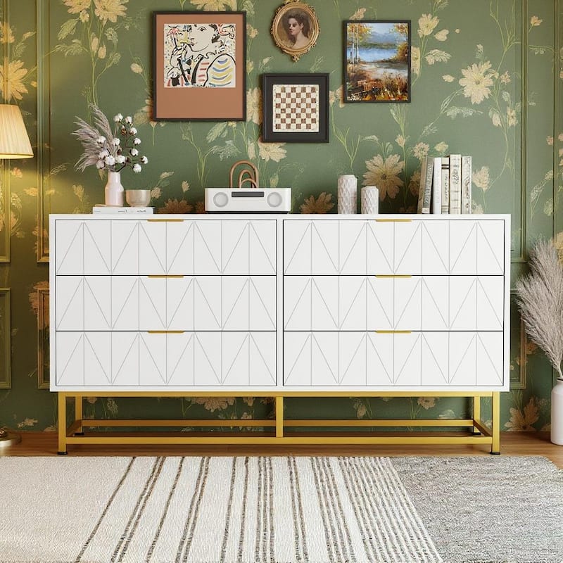 6-Drawer Fabric Dresser, with Wide Drawers and Metal Handles - White
