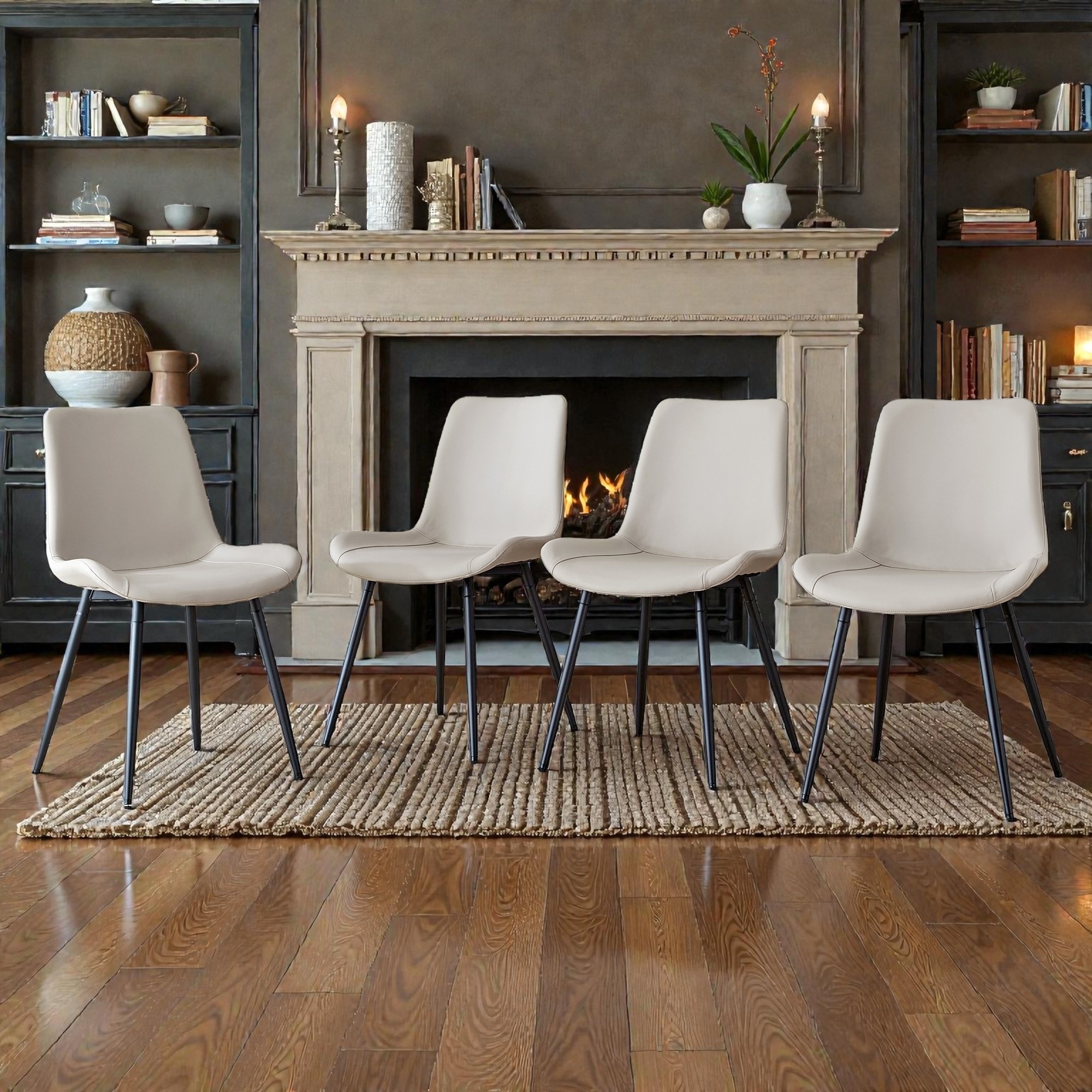 Set of 4 Faux Leather Dining Chairs with Curved Widened Cushions, Metal Legs & Comfortable Backrest, Upholstered Accent Chairs