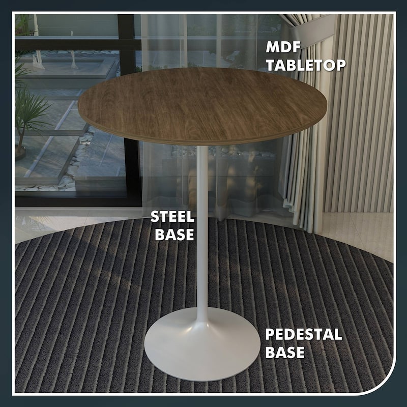 LeisureMod Verve 36" Round Dining Table with MDF Wood TableTop and White Steel Base for Kitchen & Dining Room