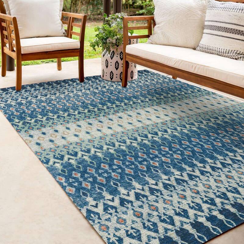 Machine Washable Indoor/ Outdoor Addison Bravado Geometric Ikat Rug - Seaglass - 5' x 7'6"