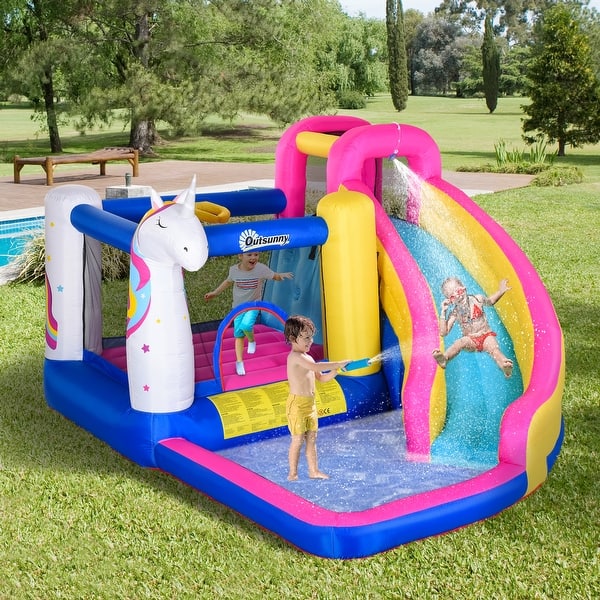 slide 2 of 9, Outsunny Kids Bounce Castle House Inflatable Trampoline Water Slide Pool Climbing Wall 5 in 1 with Inflator for Kids Age 3-8