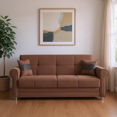 HomeRoots 89" Brown Microfiber Convertible Futon Sleeper Sofa And Toss Pillows With Storage