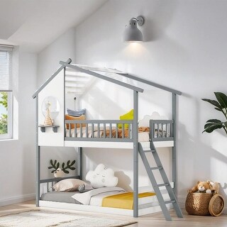 Wooden Bunk Bed with Ladder, Guardrail, Roof and Window, Twin Over Twin
