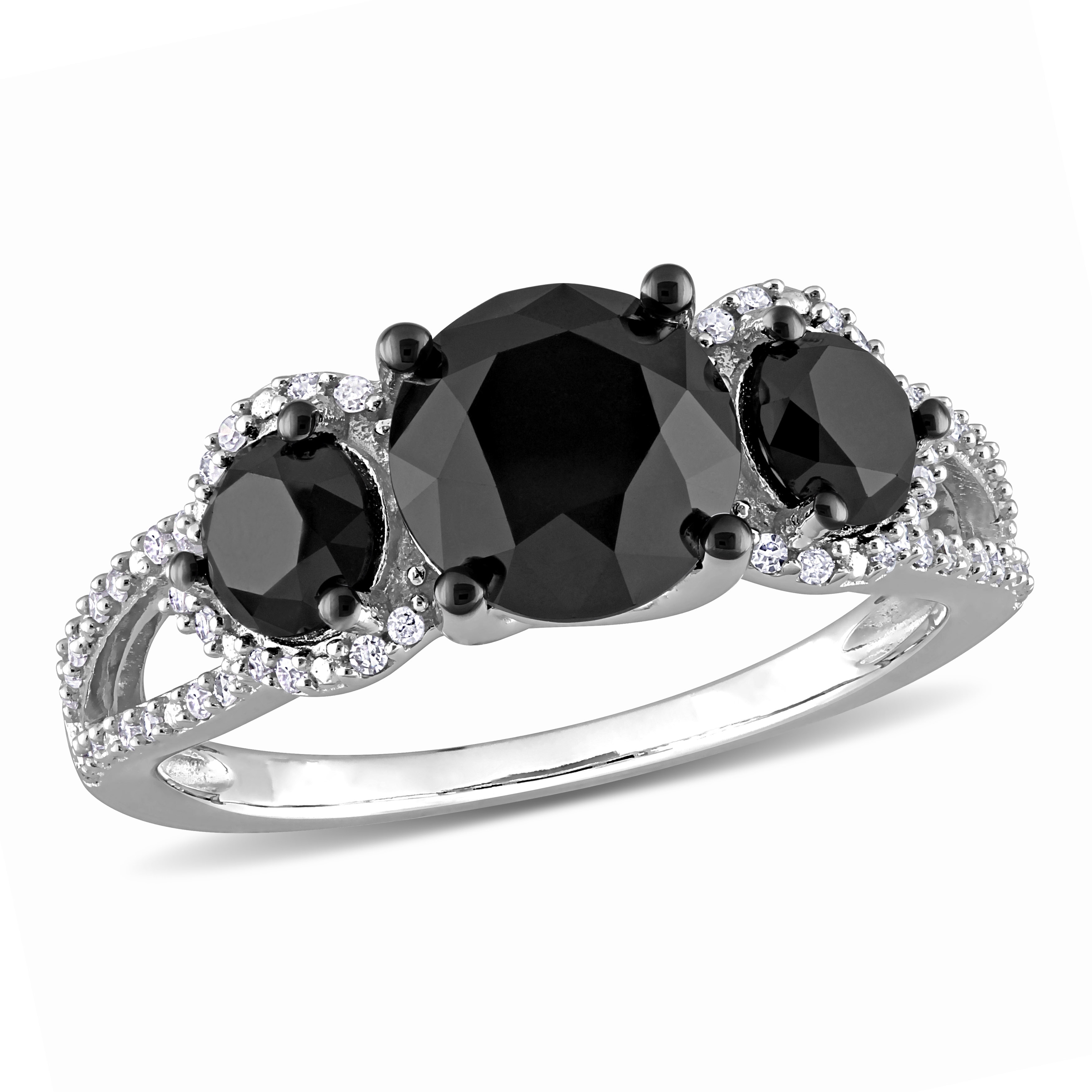 Miadora 3ct TDW Black White Diamond 3-Stone Ring in 10k White Gold