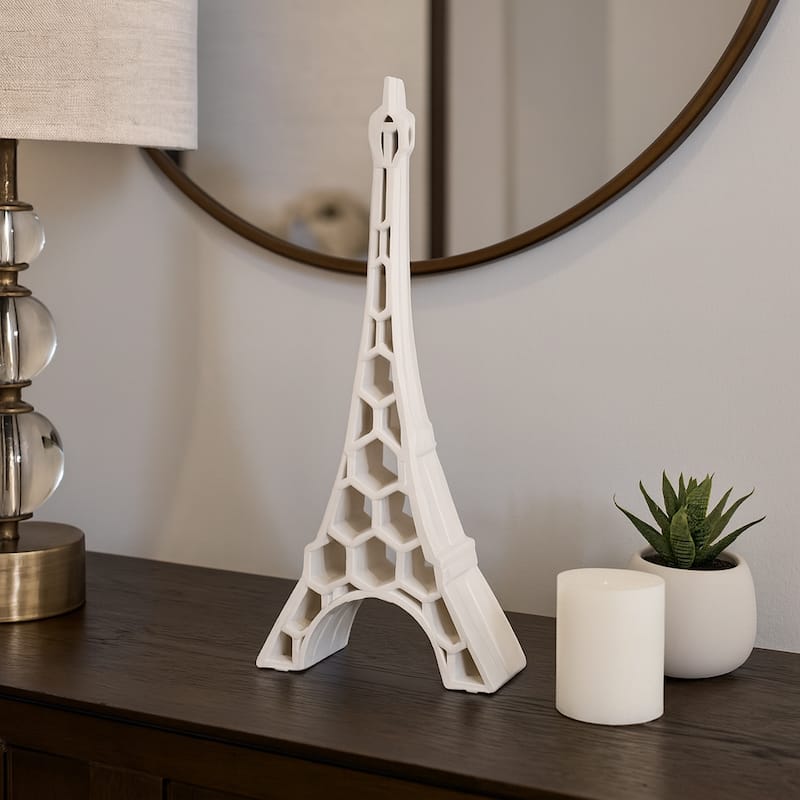 Ceramic Decorative Object Honeycomb Eiffel Tower - 14" Ivory - 5" x 3" x 14" - Ivory - 5" x 3" x 14"