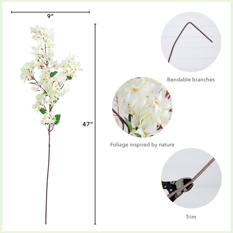 Bougainvillea Flower Artificial Stem Sprays - 47" - White - Set of 3