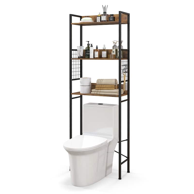 3-Tier Over-The-Toilet Bathroom Storage Rack Rustic Brown Wood and Steel Organizer with Hooks - 23.5" x 9.5" x 68" (L x W x H)