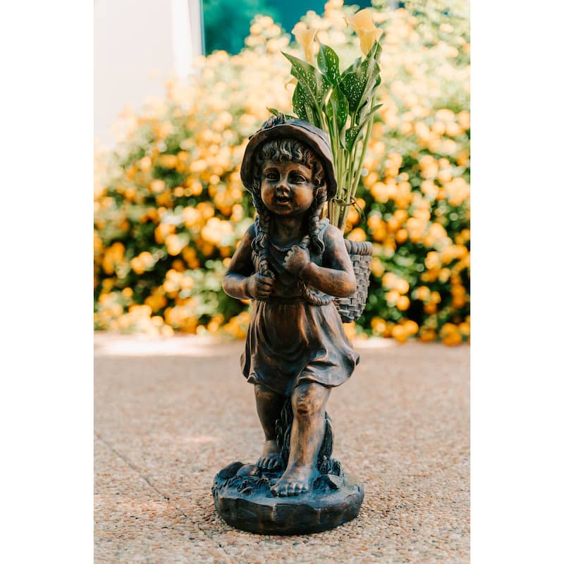 XBrand 24" H Faux Bronze Magnesium Oxide Walking Girl Garden Statue w/Small Flower Plant Pot, Natural Design Sculpture
