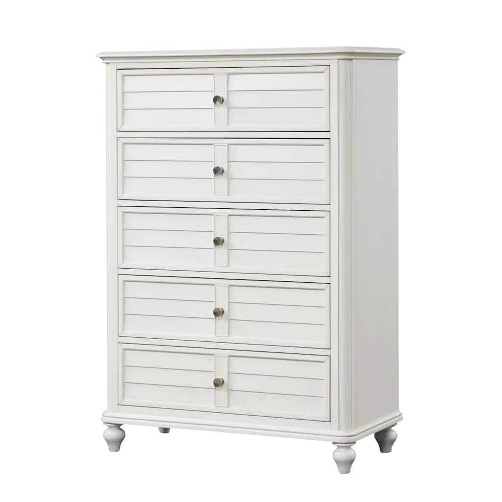 Kyna Tall Dresser Chest, 5 Drawers, Classic Antique White Solid Wood