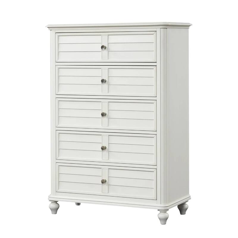 Kyna Tall Dresser Chest, 5 Drawers, Classic Antique White Solid Wood