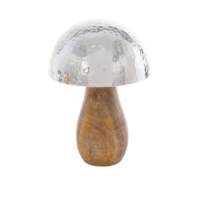 Gold or Silver Stainless Steel Handmade Hammered Mushroom Sculpture with Brown Mango Wood Bases (Set of 3)