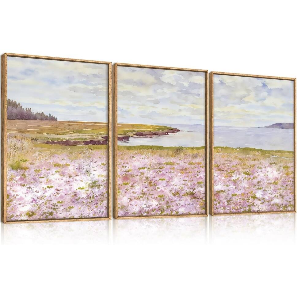 Pink Wildflower Coastal Landscape Framed Canvas Wall Art Set ...