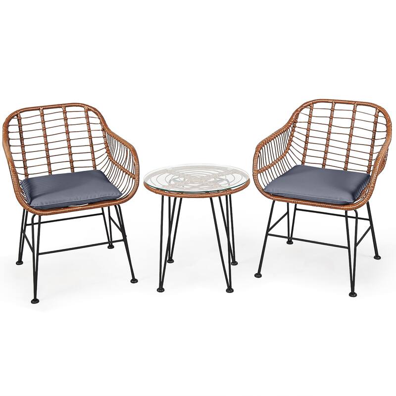 3 PCS Patio Bistro Set PE Rattan Armchairs and Coffee Table Set - Grey