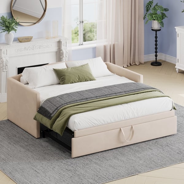 slide 2 of 10, Twin Size Upholstered Sofa Bed Daybed with Extended Pop Up Trundle, Space-Saving Twin to King Design for Guest Room Beige - Twin
