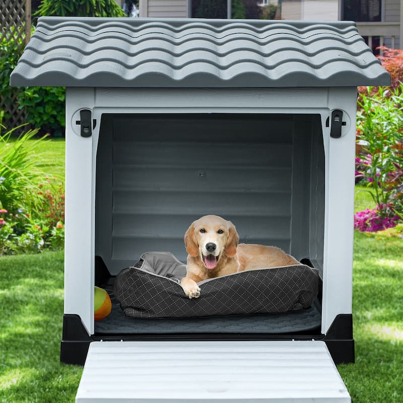 Moasis Slant-roof Dog House with Vent and Windows, Side Door - Grey - Medium