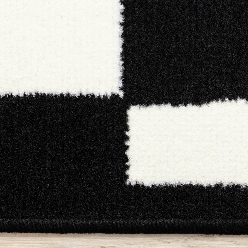 Black White Contrasting Geometric Blocks High-Traffic Rug