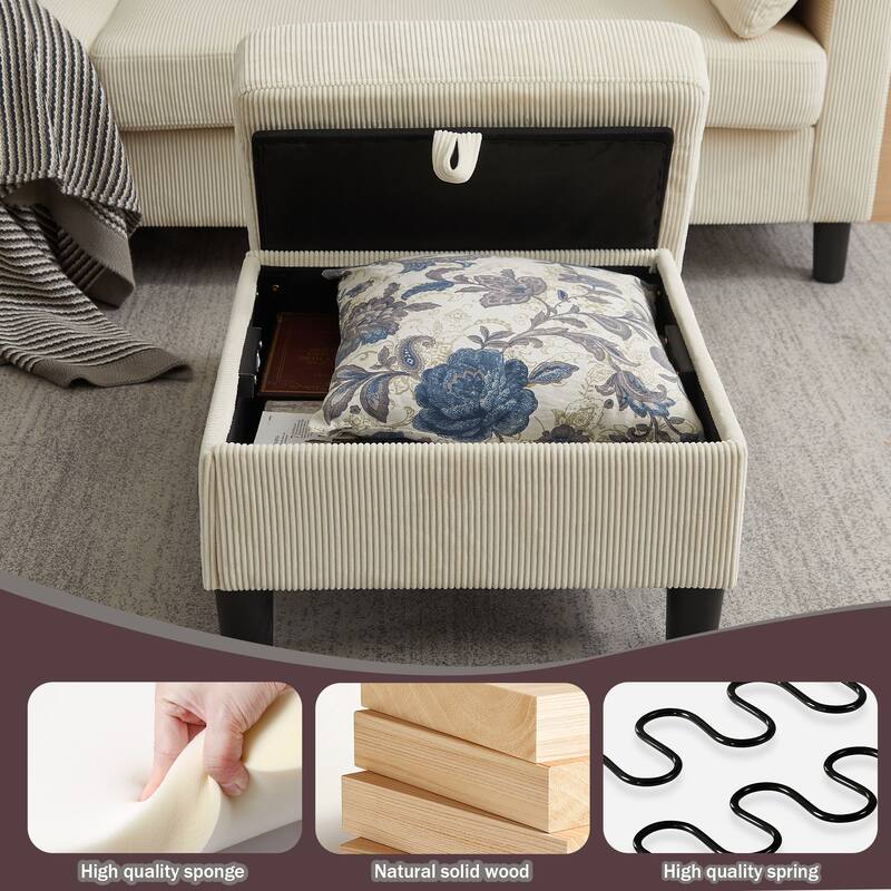 101"Corduroy 3 Piece Living Room Set Including 4 Seater Sofa ,2 Storage Ottoman and Chair