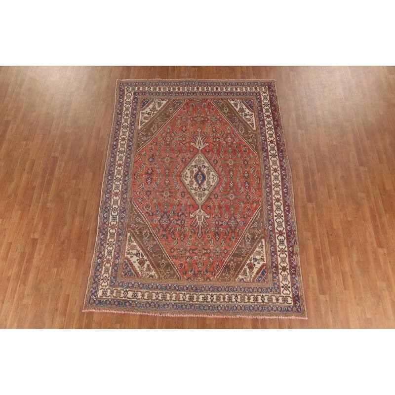 Geometric Hamedan Persian Vintage Area Rug Hand-Knotted Wool Carpet - 6'11"x 10'0"