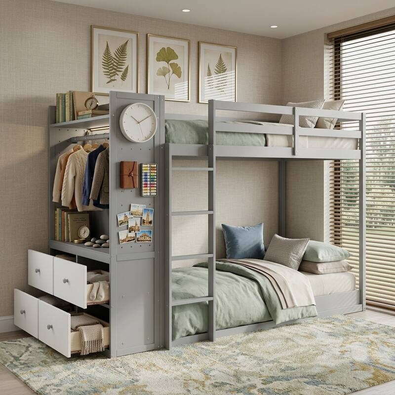 Twin Bunk Bed with Storage, Shelves, and LED Light Strip by Harper&Bright Designs - Grey