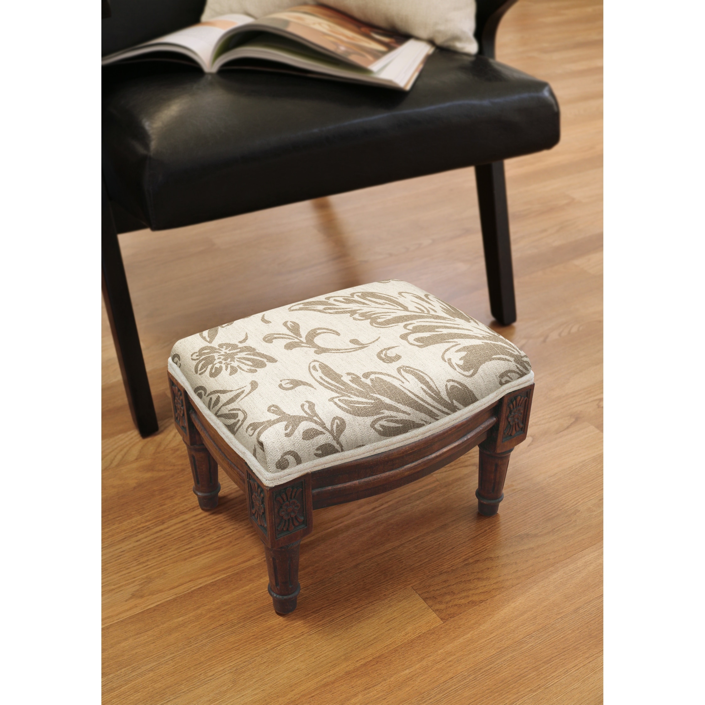 Taupe Tuscan Floral Footstool with wood stained finish