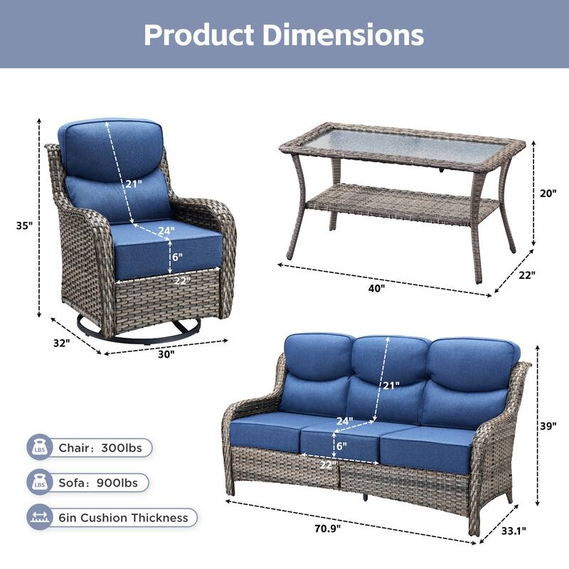 Arcadia 4-Piece Wicker Patio Conversation Set with Swivel Gliders and 6-Inch Thick Olefin Cushions