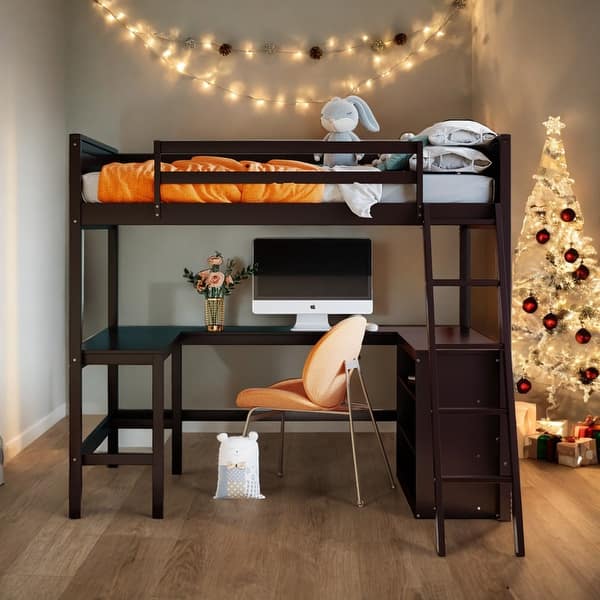 slide 2 of 20, Modern Full Size Loft Bed With Shelves and Desk,No Box Spring Required for Bedroom Espresso