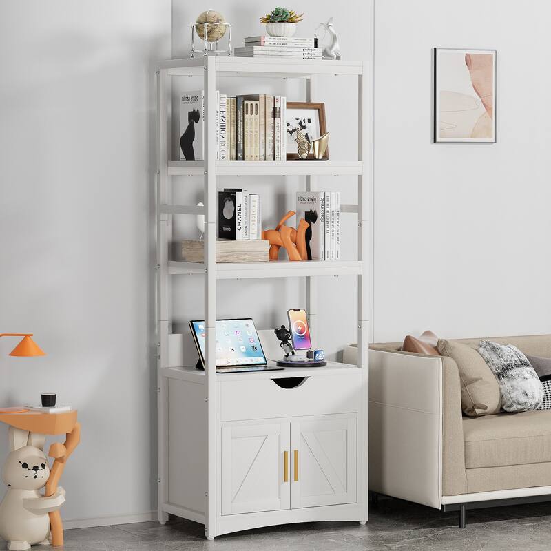 VECELO Bathroom Storage Cabinet with Shelves, Drawer & Charging Ports, Freestanding File Cabinet for Kitchen, Office, Laundry