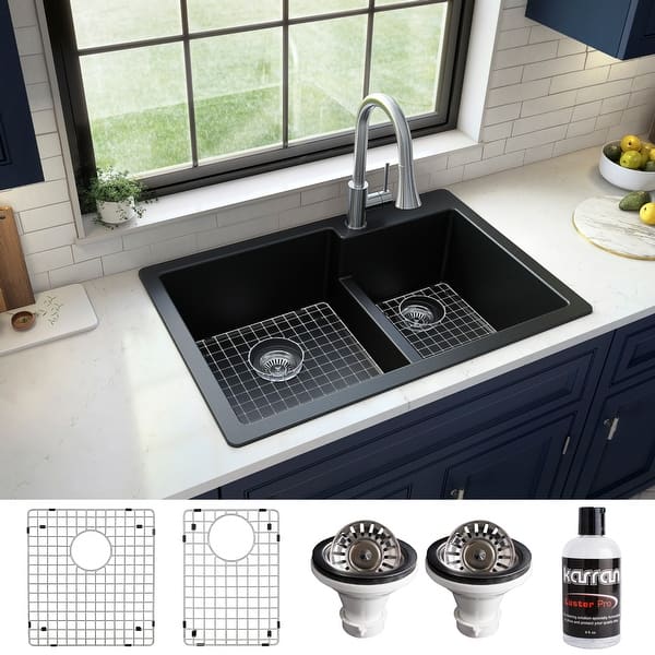slide 2 of 67, Karran 33" Top Mount Large/Small Bowl Quartz Kitchen Sink Kit - 33" x 22" x 9"