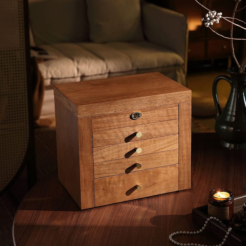 Walnut Color Pull-out with Locking and Mirror 5-Layer Jewelry Box - 11.82 - Walnut - 11.82