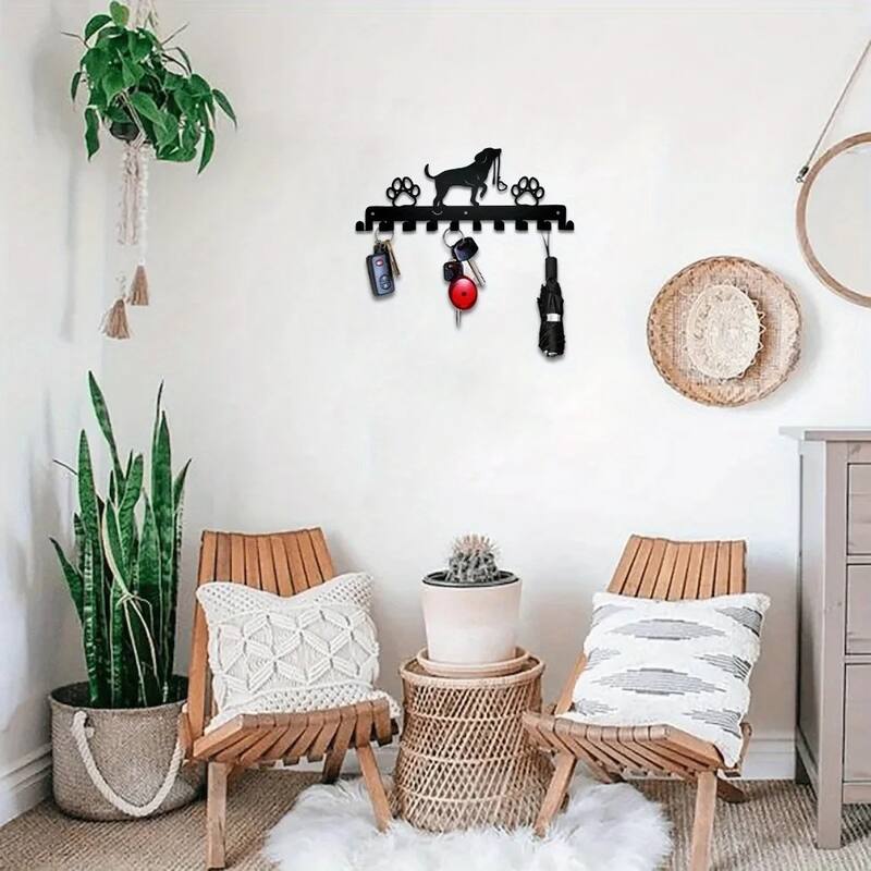 Black Metal Cute Dog Wall Hanging Storage Rack with Hooks for Home Entryway or Coat - 11.81”L x 4.96”H