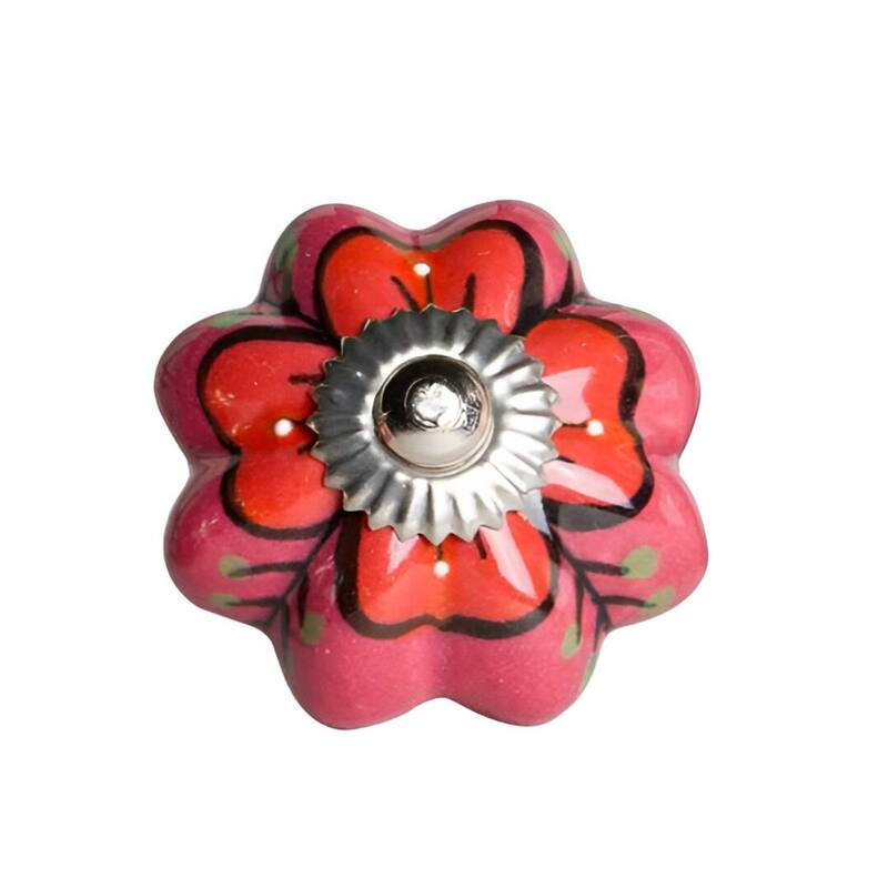 Set of 12 Hand-Painted Red, Pink & Green Floral Ceramic Cabinet Knobs - 1.5" x 1.5" x 1.5"