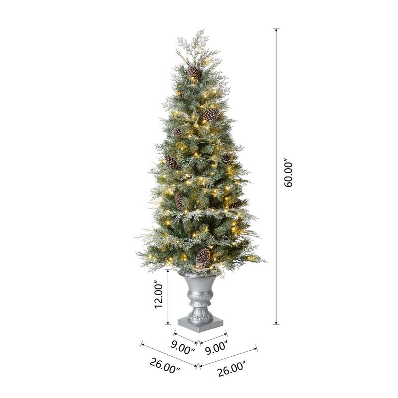 Glitzhome 4ft/5ft Pre-Lit Pine Artificial Christmas Porch Tree with Warm White Lights and Silver Pot