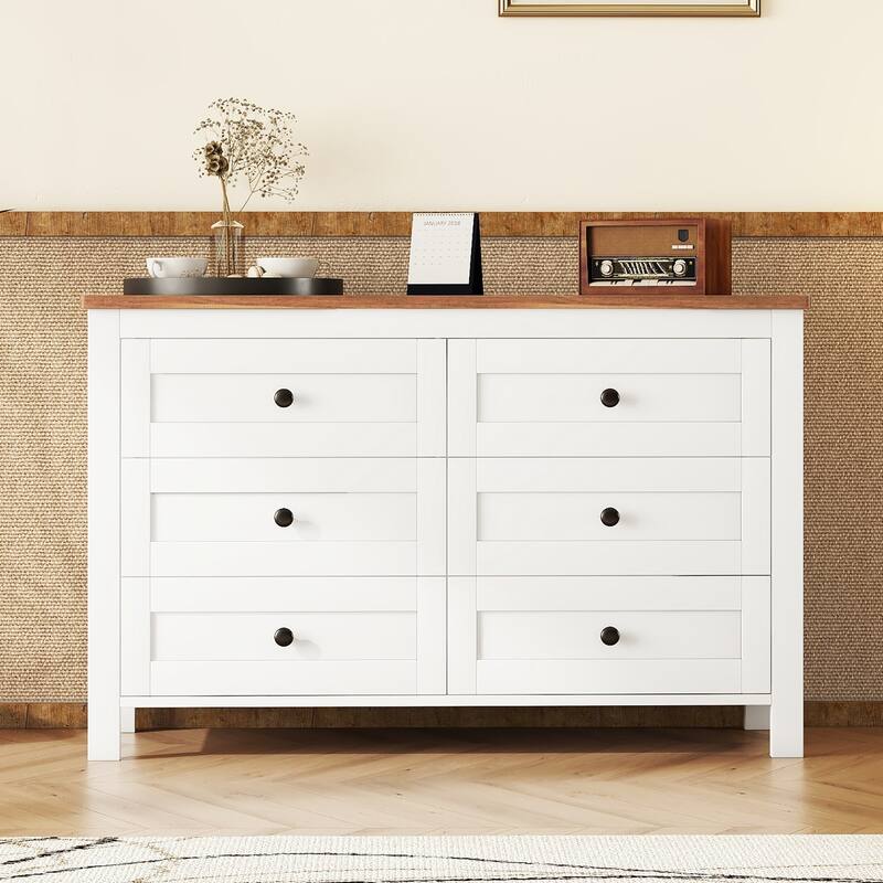Retro Farmhouse Style Wooden Dresser with 6 Drawers, Storage Cabinet for Bedroom
