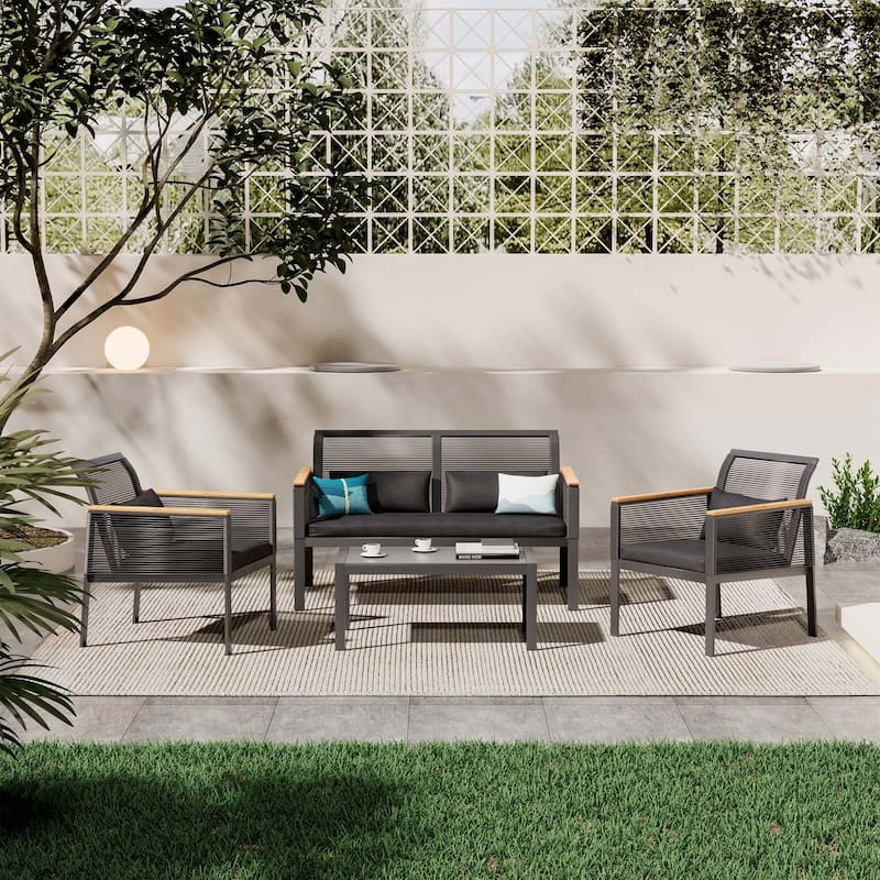 4-pc. Black Wicker Cord Patio Conversation Set