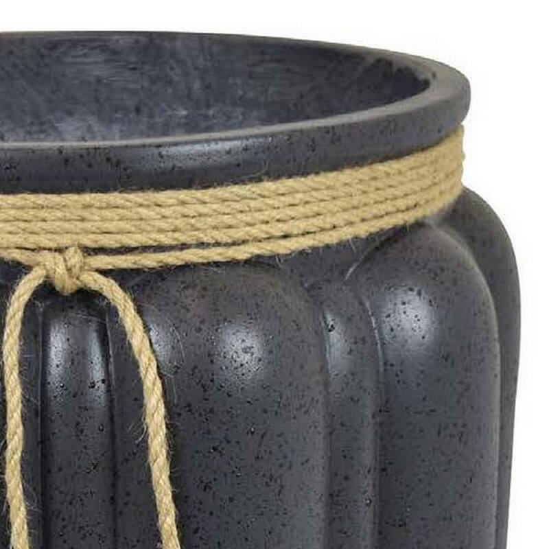 Rave 17 Inch Planter Pumpkin Like Shape and Rope Details, Black Resin