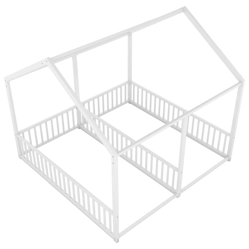White Twin Size Metal House Platform Bed with Guardrails, Two Shared Beds