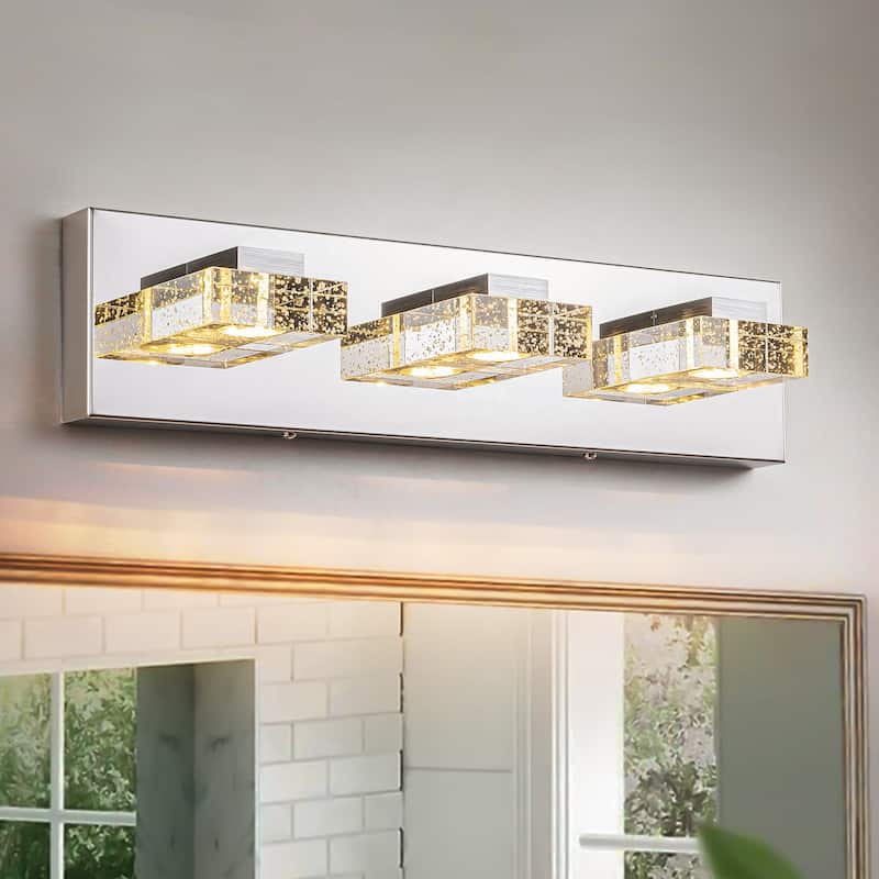 3-Light Modern Chrome Crystal Wall Light Square Integrated LED 3000K Bathroom Vanity Light