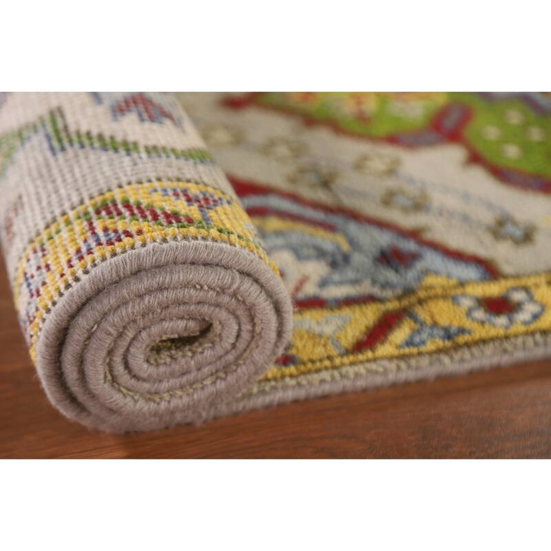 Geometric Kazak Indian Accent Rug Handmade Beige Wool Carpet - 2'7"x 6'1"