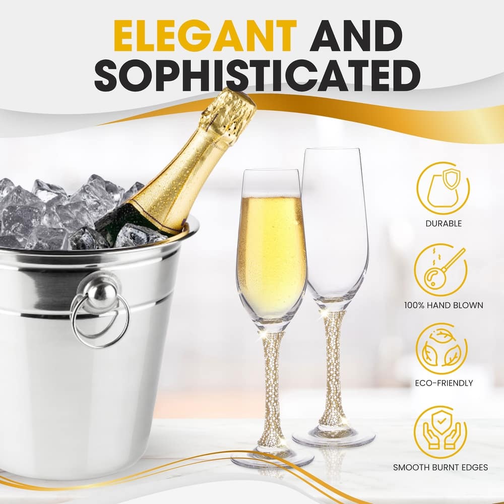 Berkware Crystal Champagne Glasses with Gold or Silver Stem - 9.5" x 2.75"