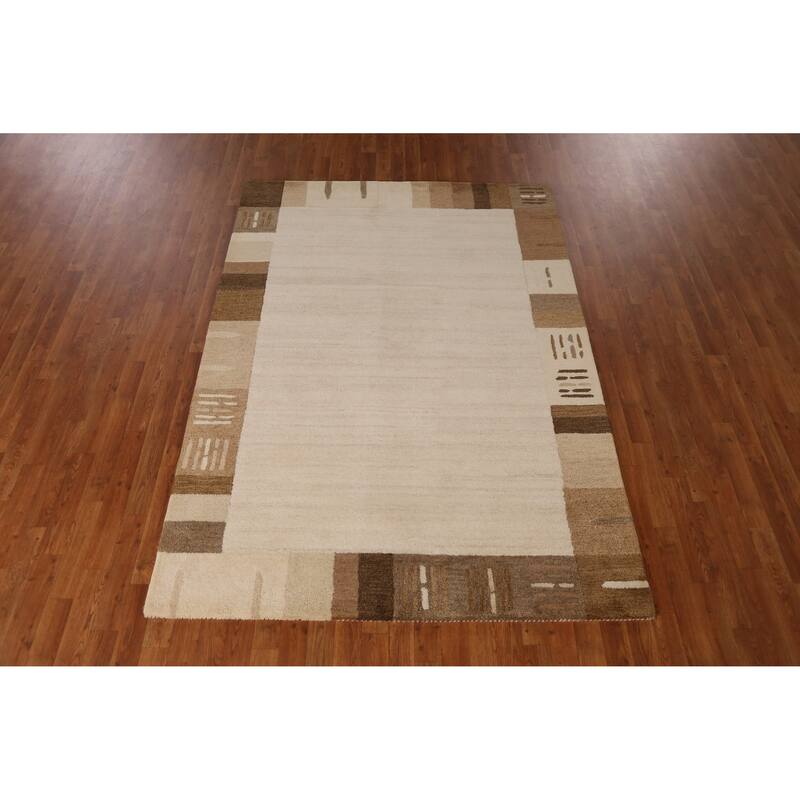 Border Gabbeh Indian Area Rug Hand-Tufted Solid Beige Wool Carpet - 5'3" x 7'7"